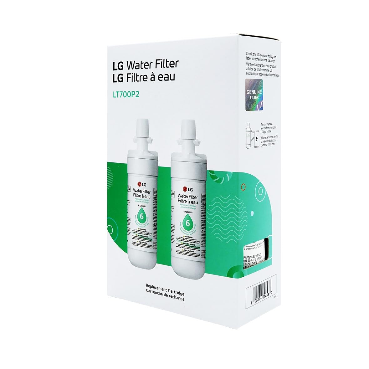 LG LT700P2 6-Month / 200 Gallon Refrigerator Replacement Water Filter, 2 Count (Pack of 1), White