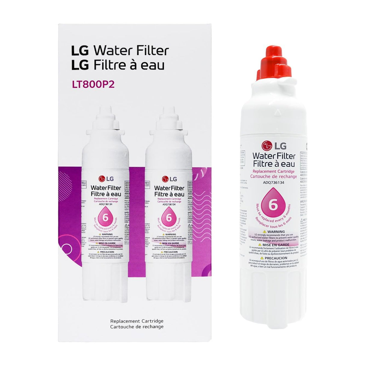 LG LT800P2 6-Month / 200 Gallon Refrigerator Replacement Water Filter, 2 Count (Pack of 1), White