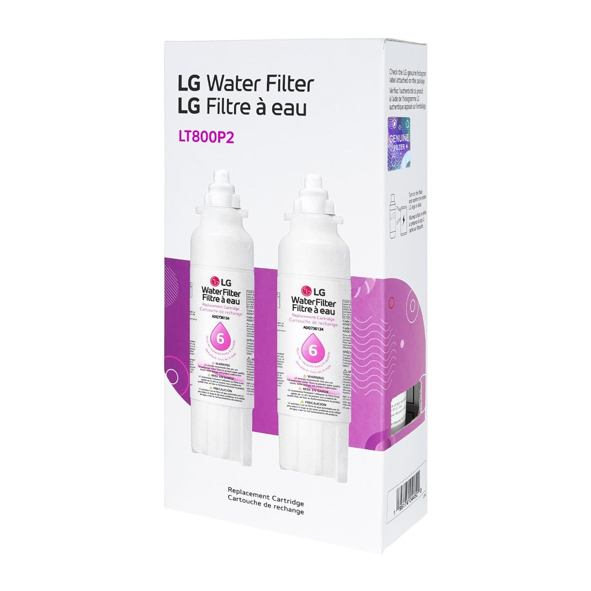 LG LT800P2 6-Month / 200 Gallon Refrigerator Replacement Water Filter, 2 Count (Pack of 1), White