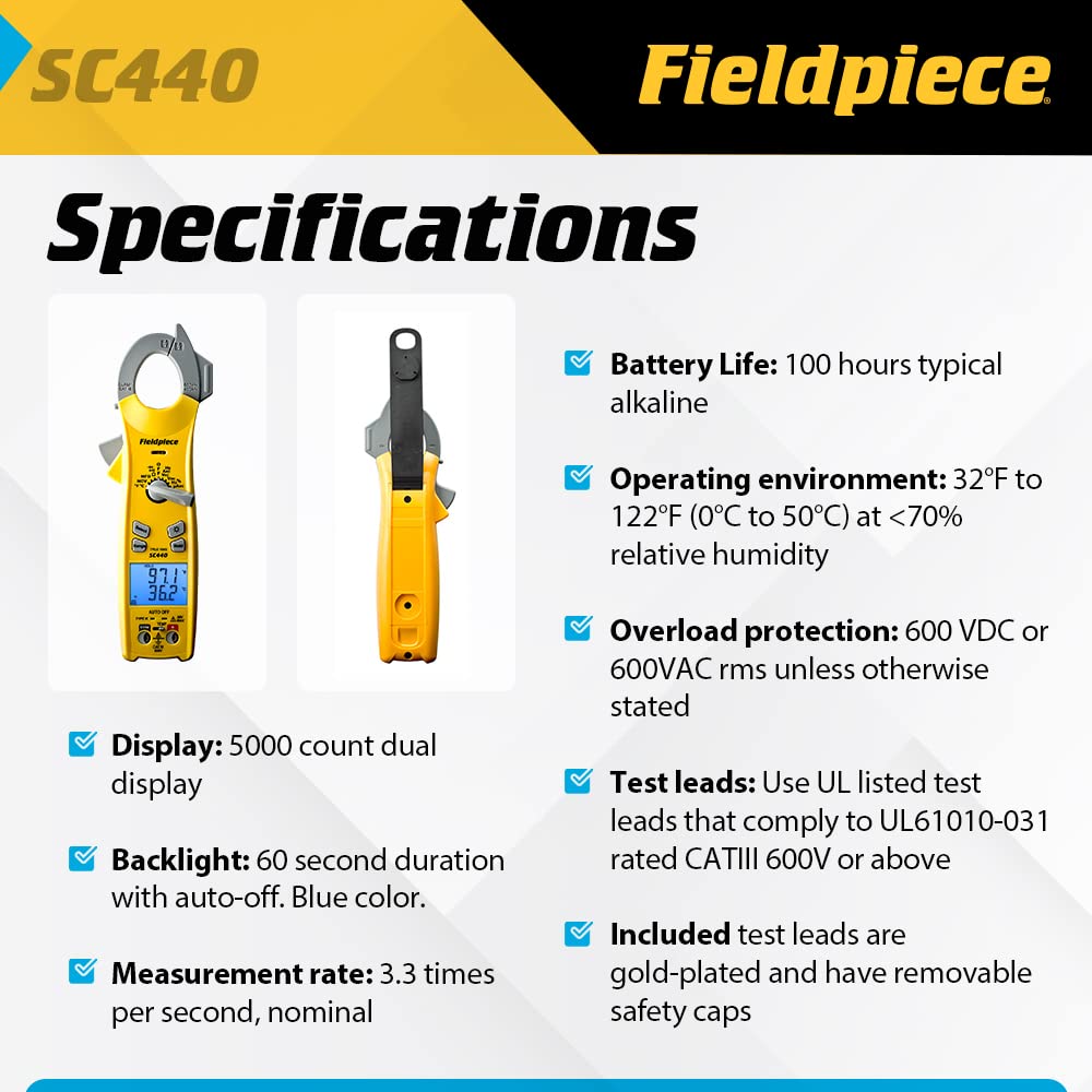 Fieldpiece SC440 True RMS Clamp Meter with Temperature, Inrush Current, Capacitance and Backlight