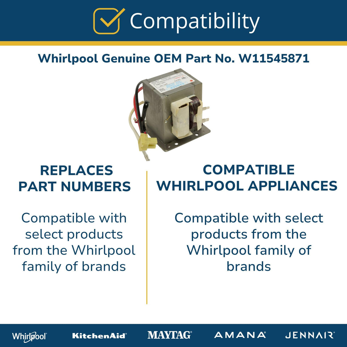 Whirlpool W11545871 Genuine OEM Microwave High Voltage Transformer Replacement Part - Replaces