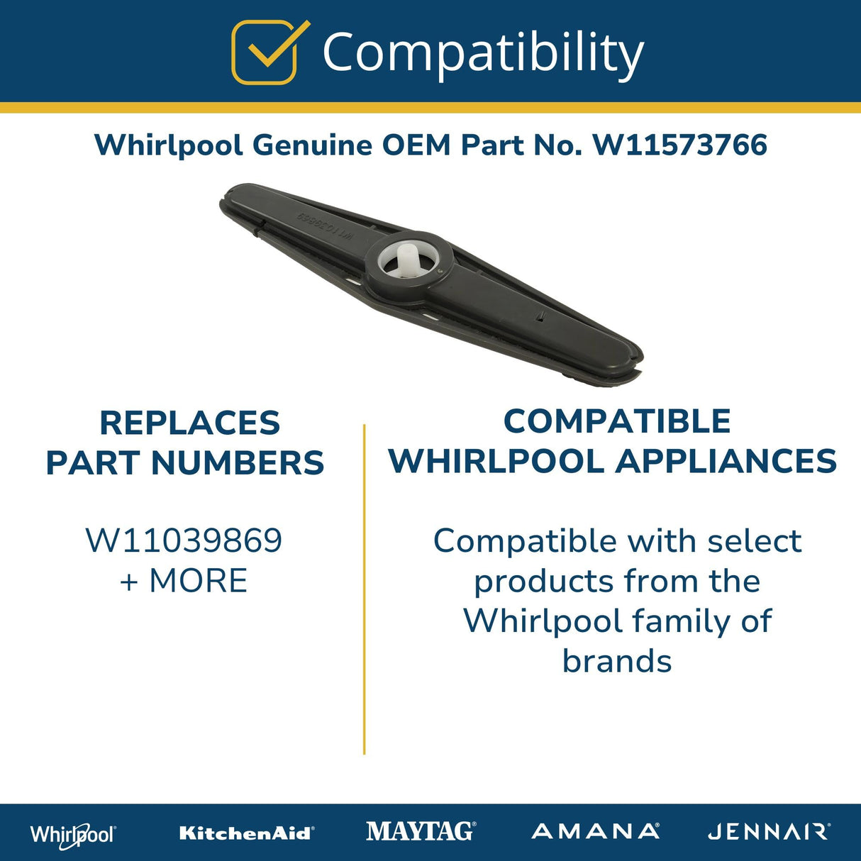Whirlpool W11573766 OEM Dishwasher Upper Wash Arm Assembly