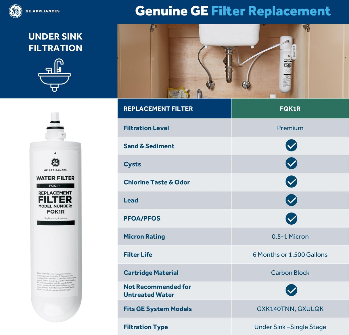 GE GXK140TNN Single Stage Under Sink Water Filtration System