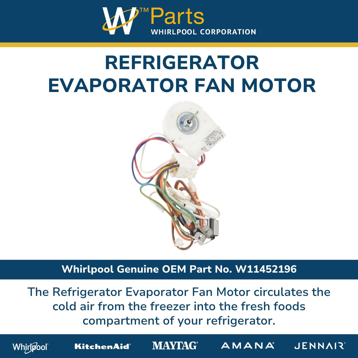 Whirlpool W11452196 Genuine OEM Refrigerator Evaporator Fan Motor