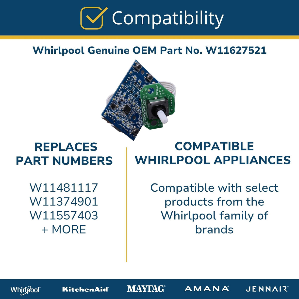 Whirlpool W11627521 Genuine OEM Dryer User Interface Assembly Replacement Part - Replaces W11481117, W11374901, and W11557403