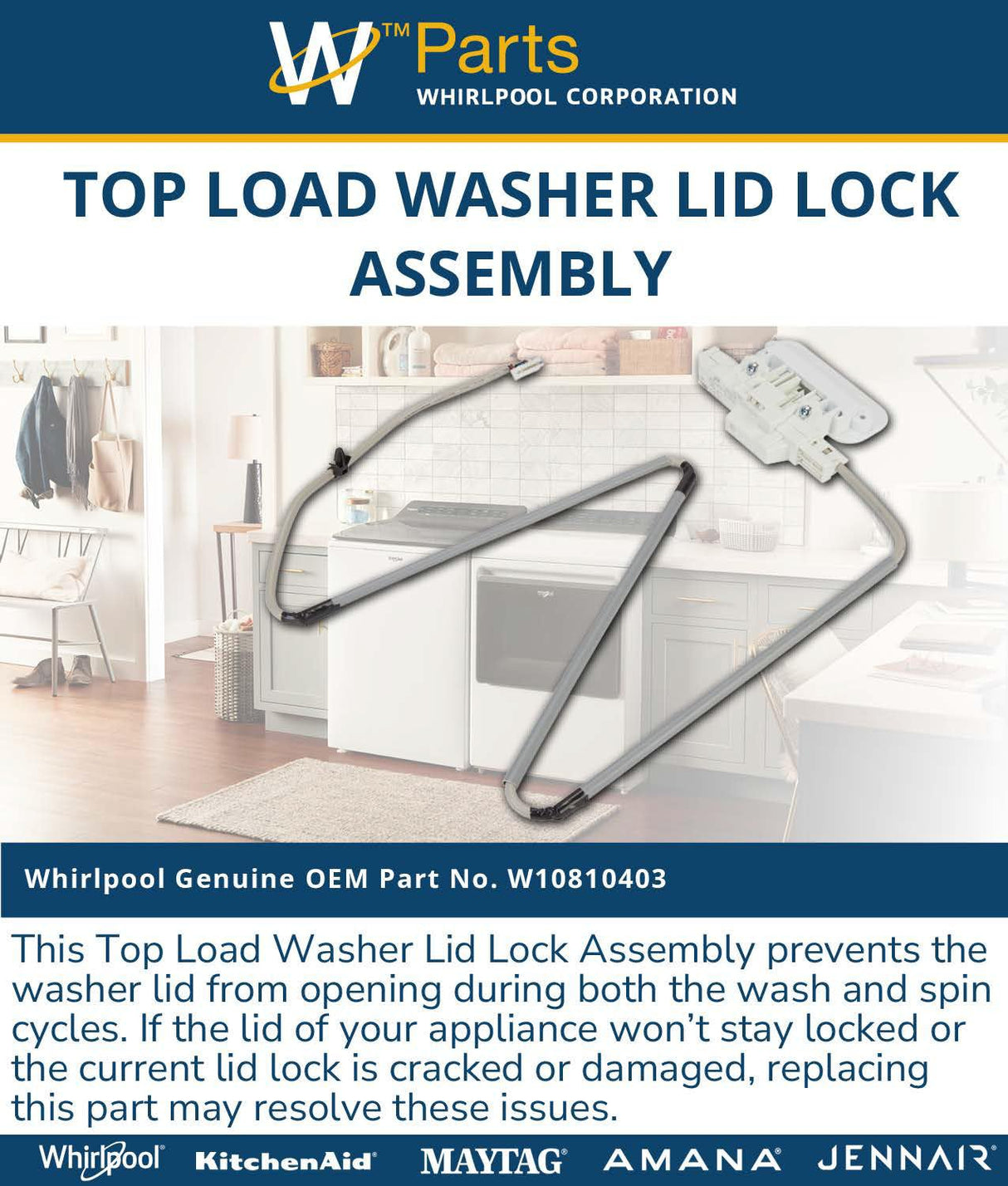 Whirlpool W10810403 Genuine OEM Top Load Washer Lid Lock Assembly