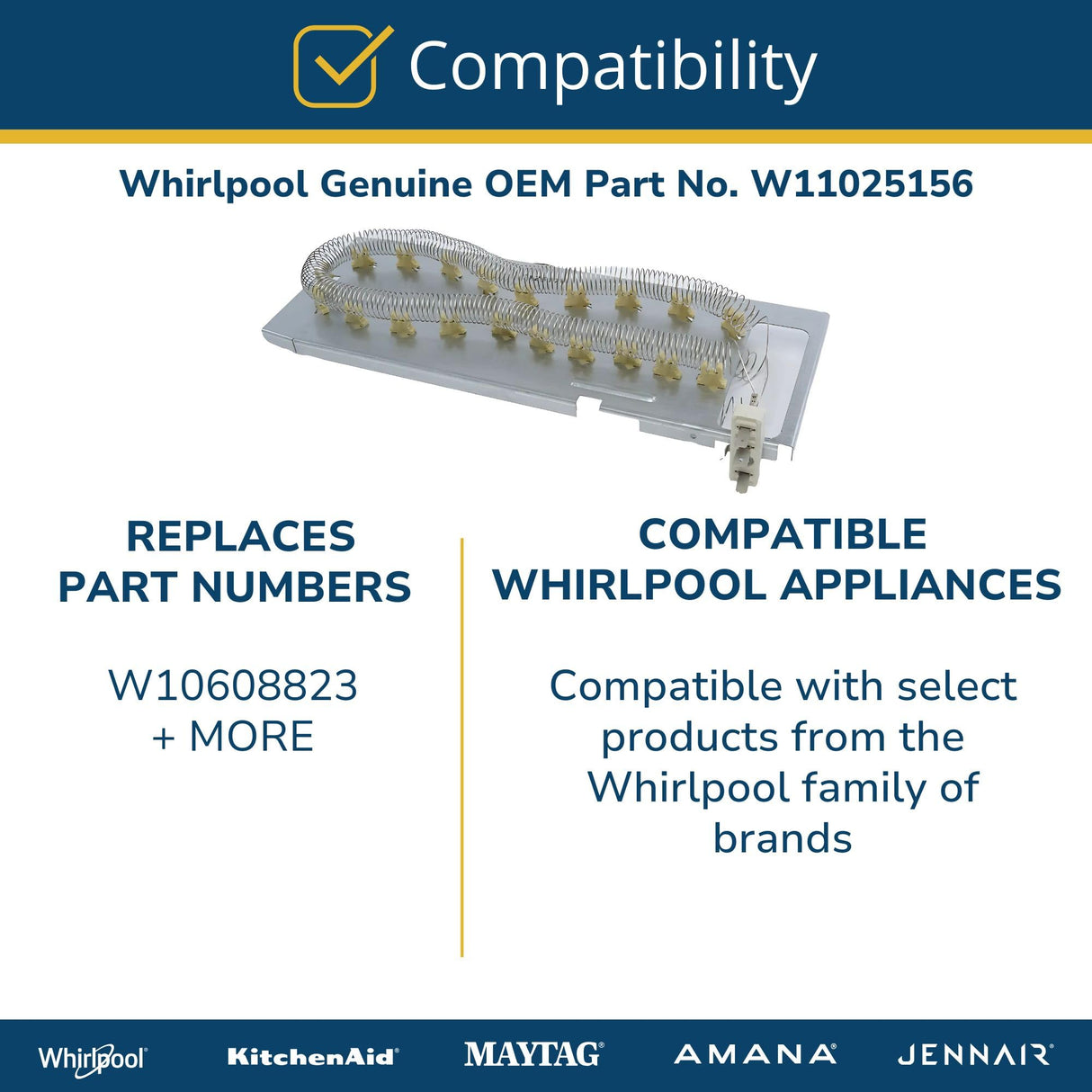 Whirlpool W11025156 Genuine OEM Dryer Heating Element Replacement Part