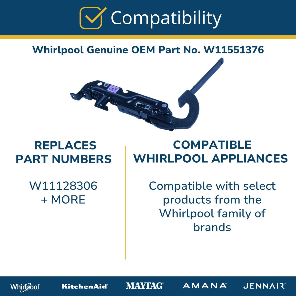 Whirlpool W11551376 Genuine OEM Top Load Washer Right Door Hinge Replacement Part