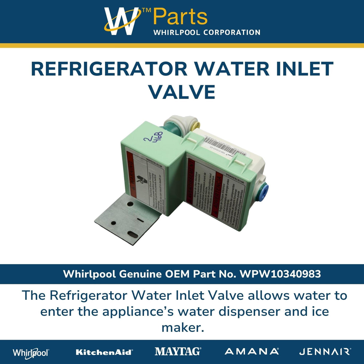 Whirlpool WPW10340983 Genuine OEM Refrigerator Water Inlet Valve Replacement Part - Replaces W10340983
