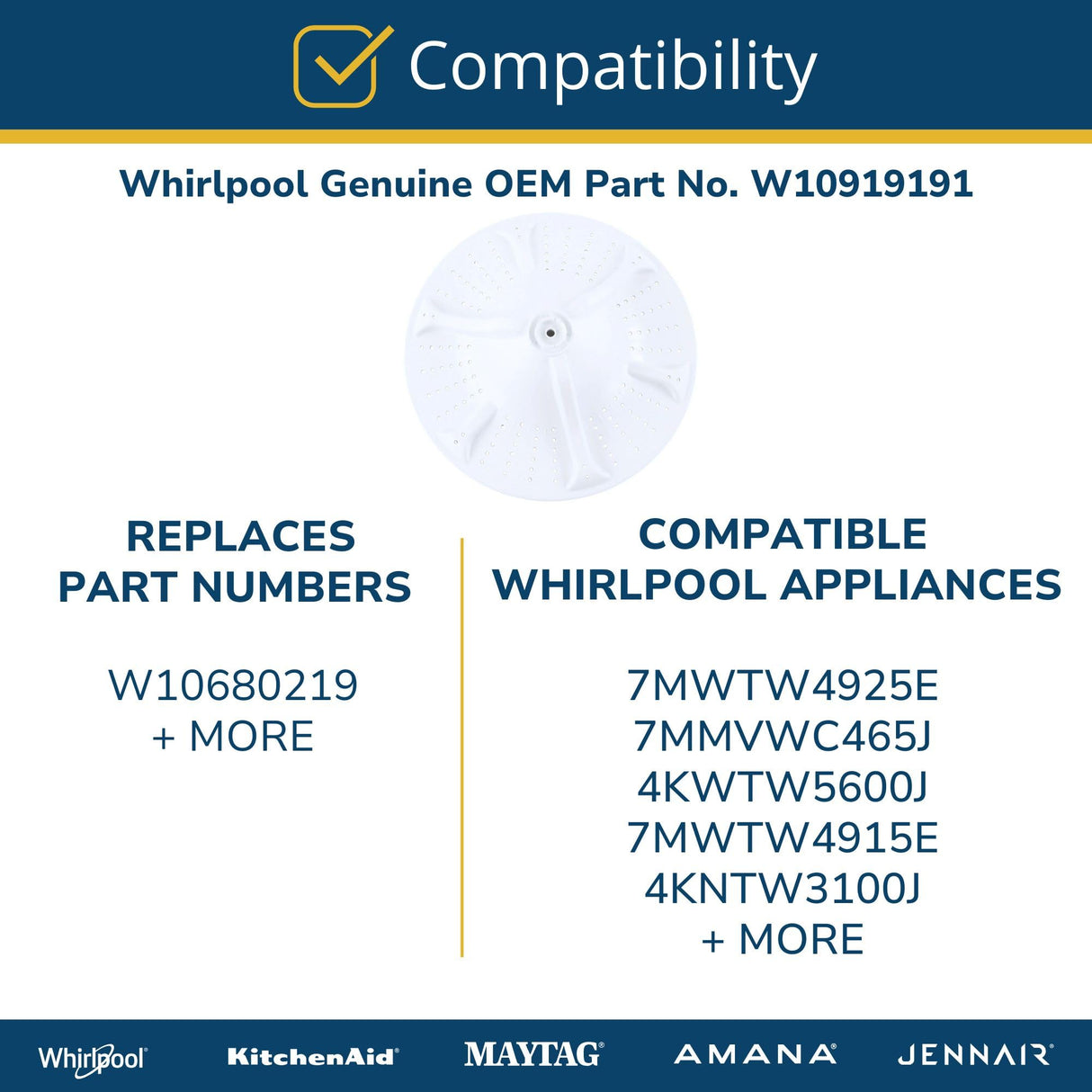 Whirlpool W10919191 Genuine OEM Washer Washplate