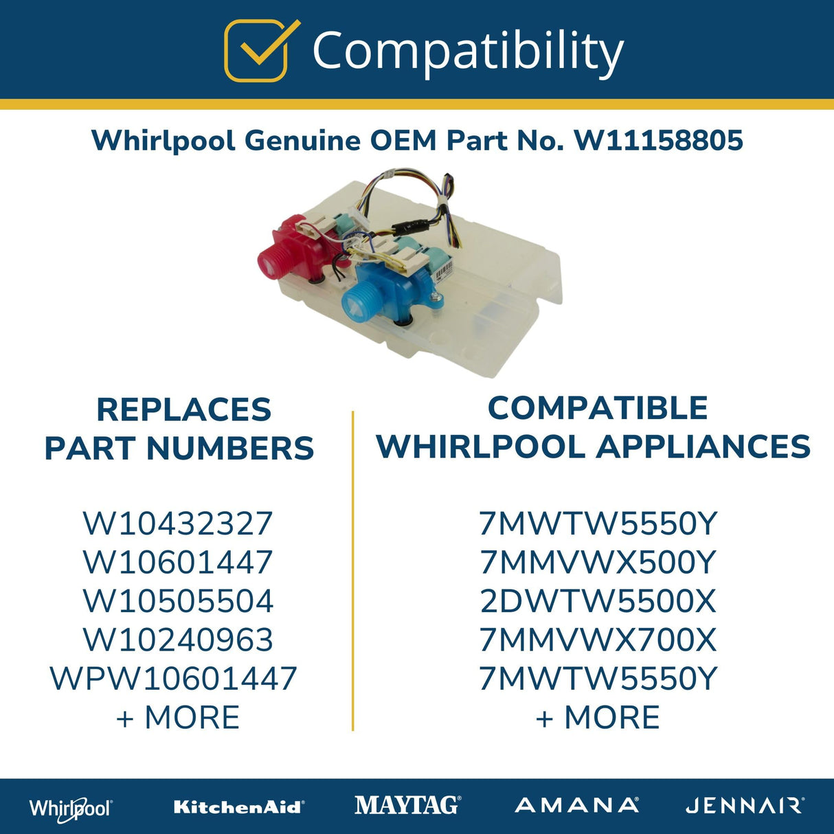 Whirlpool W11158805 Washer Dispenser Housing and Water Inlet Valve Assembly (Replaces W10921579, W10601447) Genuine Original Equipment Manufacturer (OEM) Part
