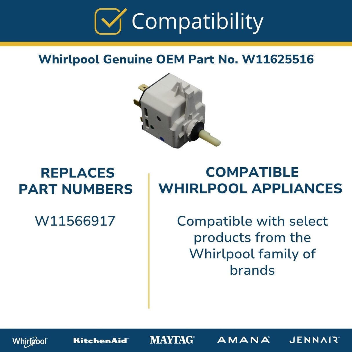 Whirlpool W11625516 Genuine OEM Dryer Start Switch Replacement Part - Replaces W11566917