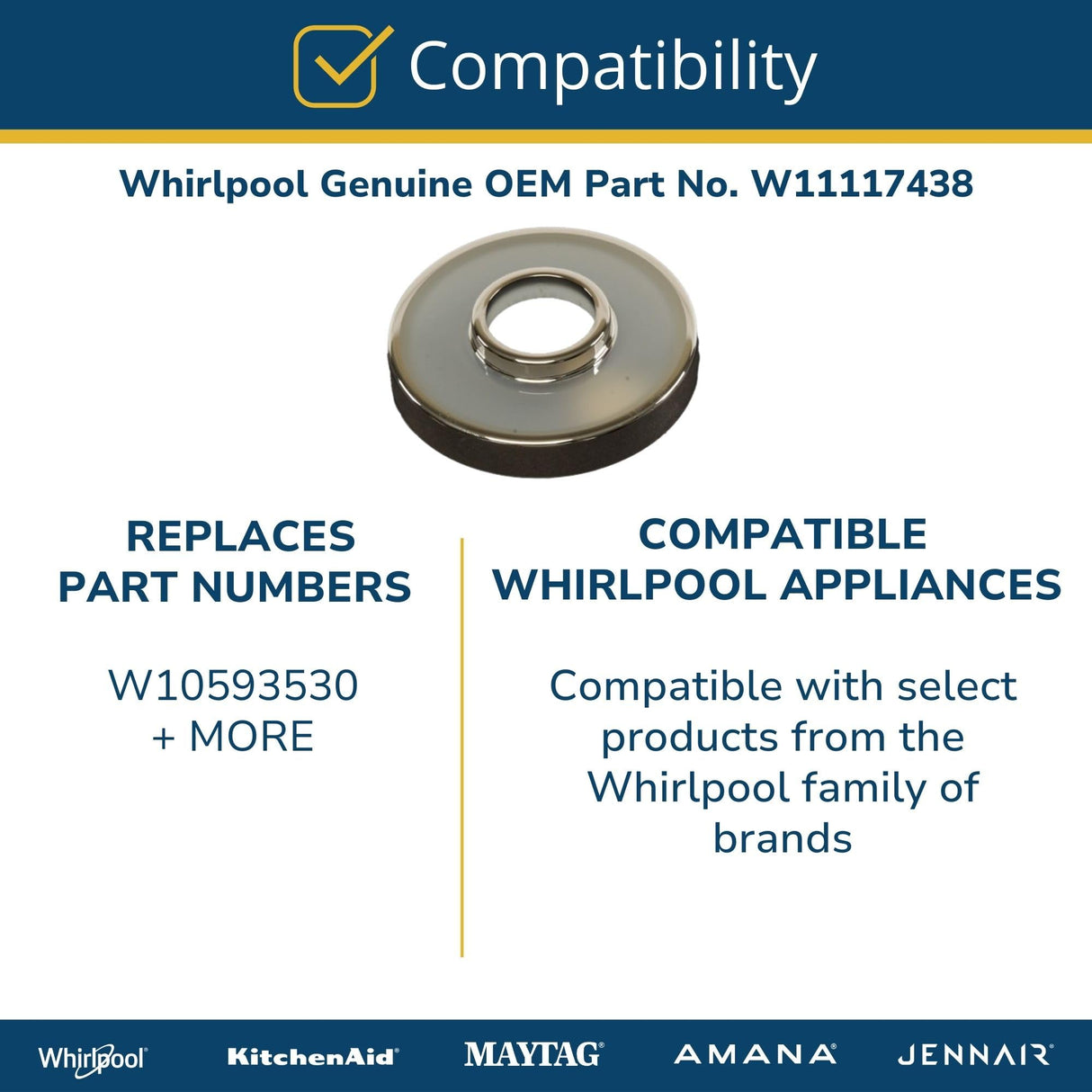 Whirlpool W11117438 Genuine OEM Electric Range Cooktop Knob Bezel Replacement Part - Replaces W10593530