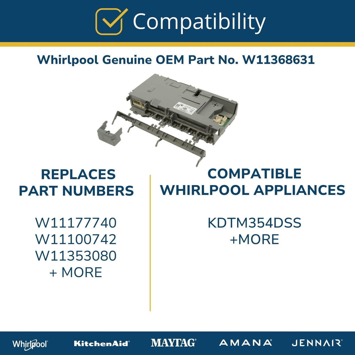 Whirlpool W11368631 Genuine OEM Dishwasher Control Board Replacement Part - Replaces W11177740, W11100742, and W11353080