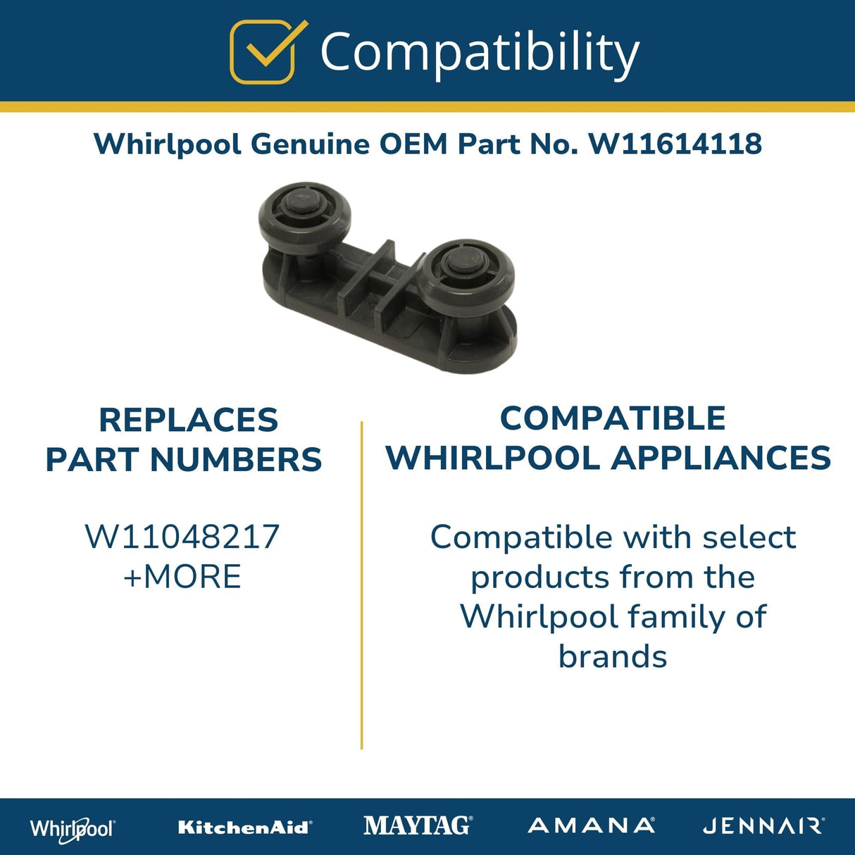 Whirlpool W11614118 Genuine OEM Dishwasher Dishrack Wheel Replacement Part - Replaces W11048217