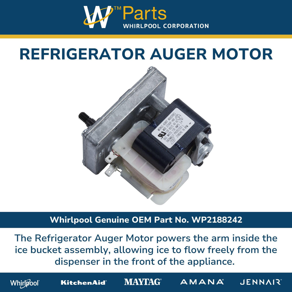 Whirlpool WP2188242 Genuine OEM Refrigerator Auger Motor Replacement Part - Replaces 1119024, 2188385, 2152109, and more