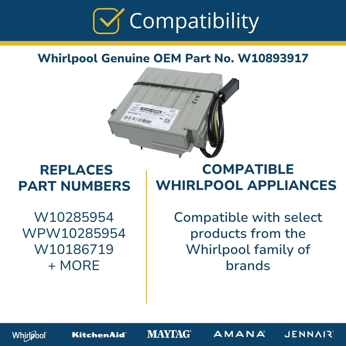 Whirlpool W10893917 Genuine OEM Refrigerator Inverter Board Replacement Part - Replaces W10285954, WPW10285954, and W10186719