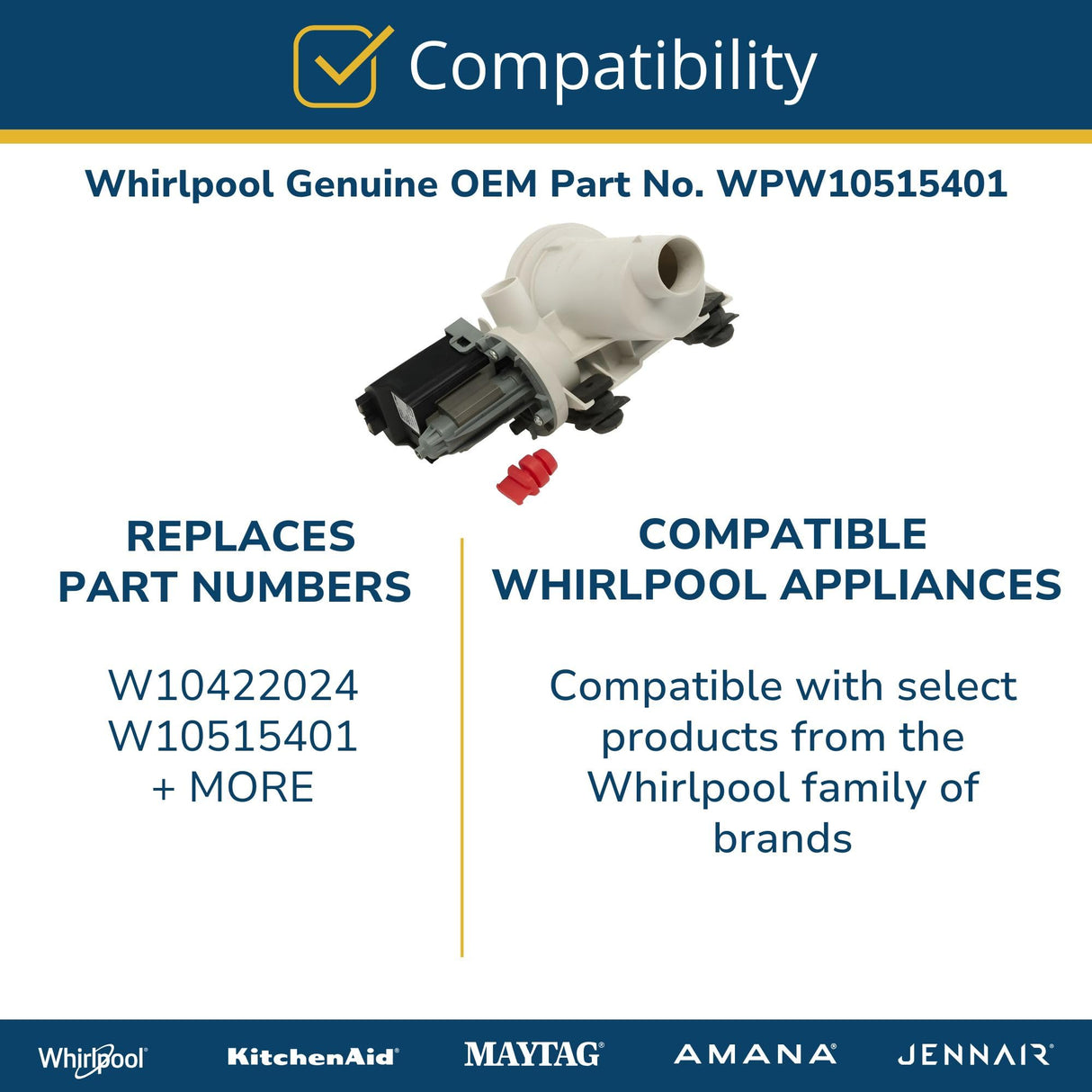 Whirlpool W10515401 Washer Drain Pump Assembly (replaces W10422024, W10515401) Genuine Original Equipment Manufacturer (OEM) part