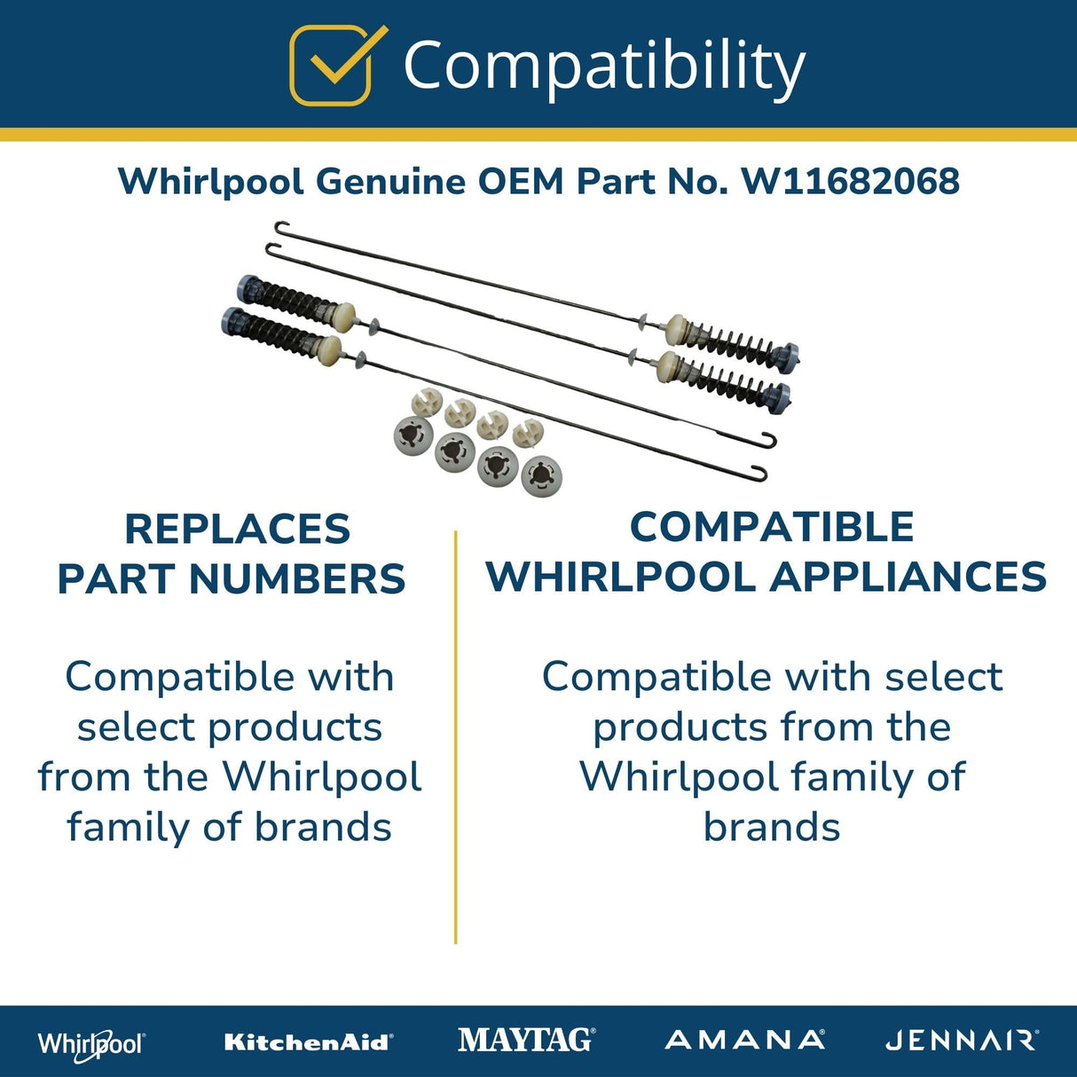 Whirlpool W11682068 Genuine OEM Top Load Washer Suspension Rod Kit Replacement Part