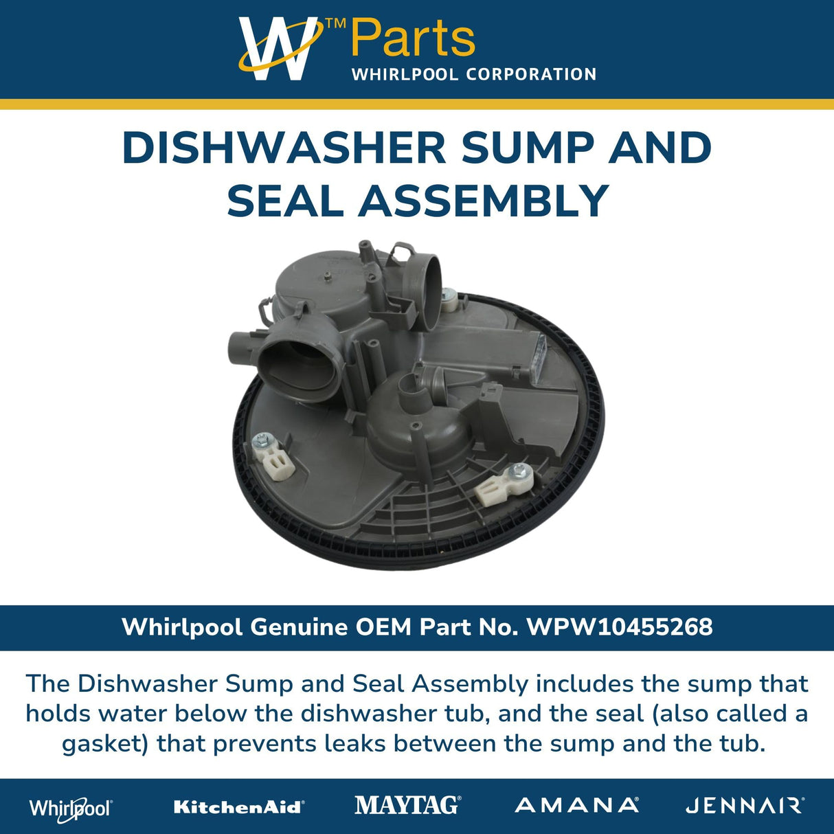 Whirlpool WPW10455268 Genuine OEM Dishwasher Sump and Seal Assembly