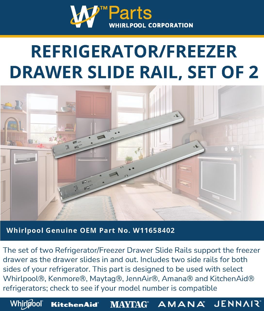 Whirlpool W11658402 Genuine OEM Refrigerator/Freezer Drawer Slide Rail, Set of 2