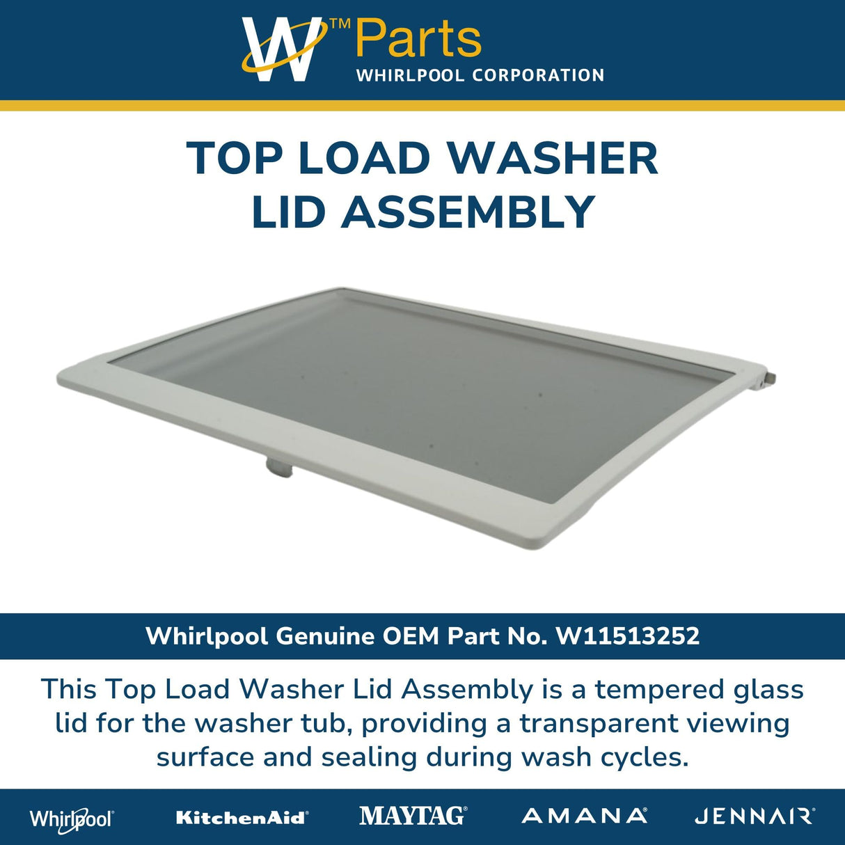 Whirlpool W11513252 OEM Top Load Washer Lid Assembly, Gray