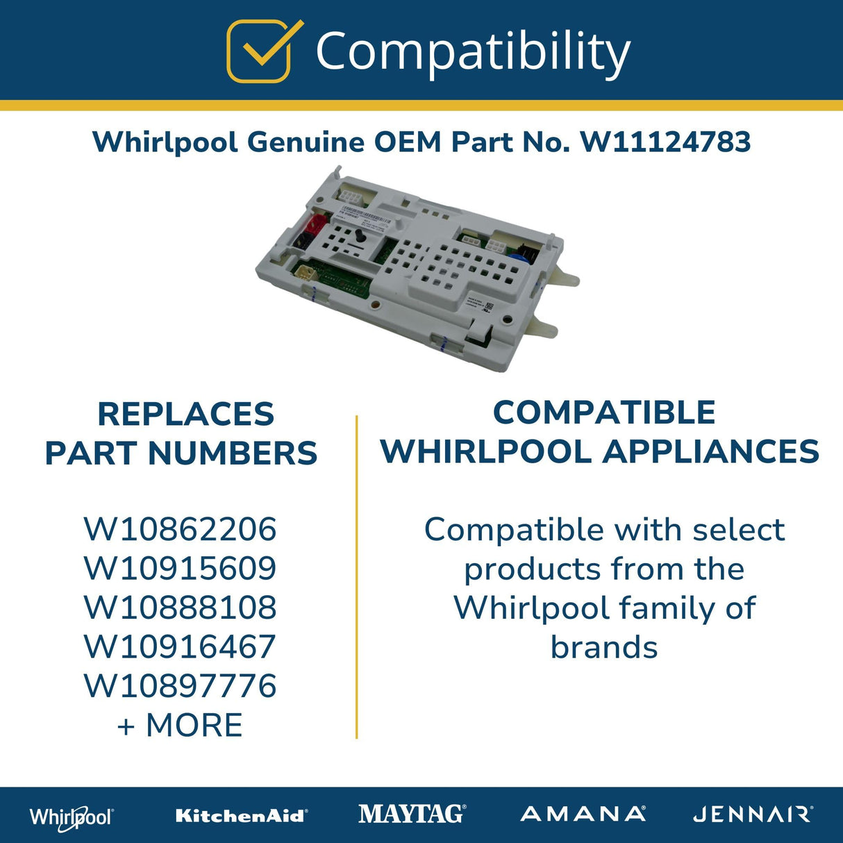 Whirlpool W11124783 Genuine OEM Washer Control Board Replacement Part - Replaces W10862206, W10915609, W10888108, W10916467, and W10897776