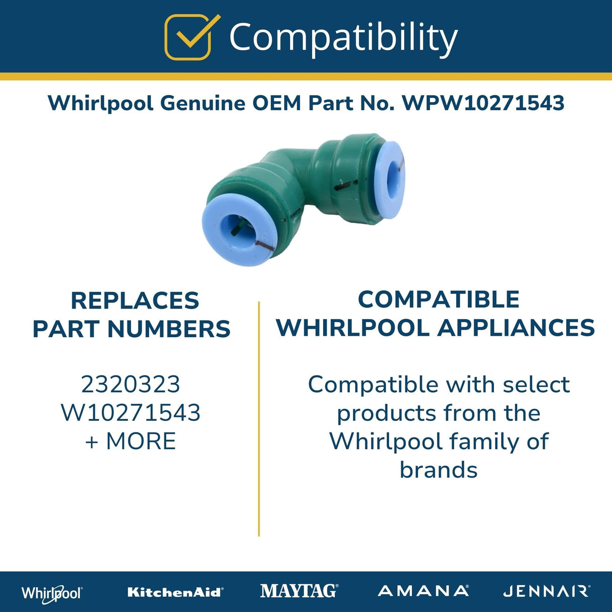 Whirlpool WPW10271543 Genuine OEM Refrigerator Water Tube Fitting Replacement Part - Replaces 2320323 and W10271543