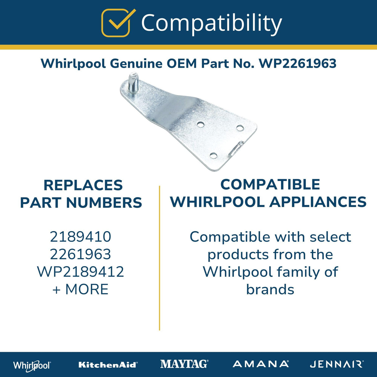 Whirlpool WP2261963 Genuine OEM Refrigerator Top Door Hinge Replacement Part - Replaces 2189410, 2261963 and WP2189412