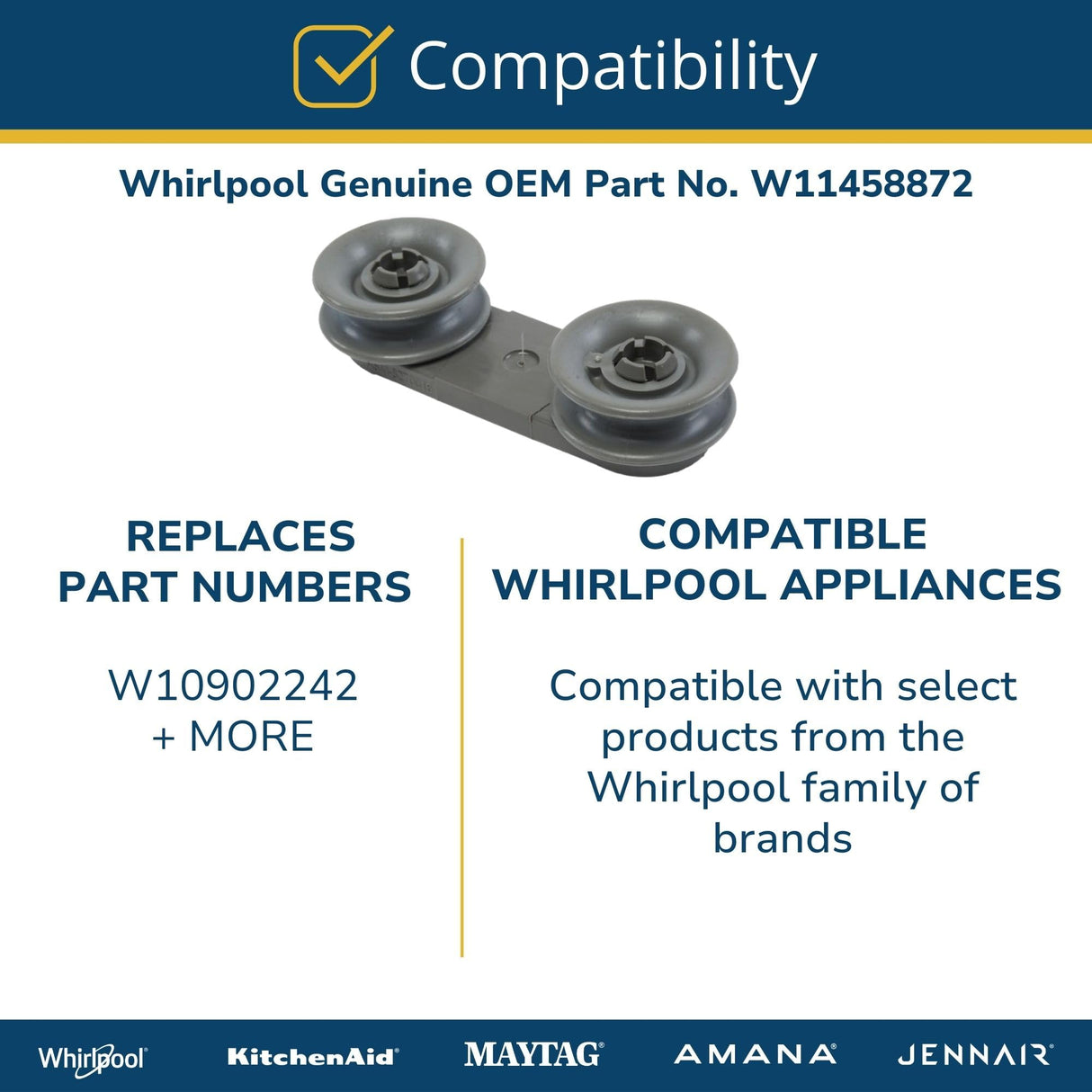 Whirlpool W11458872 Genuine OEM Dishwasher Dishrack Roller Assembly Replacement Part - Replaces W10902242