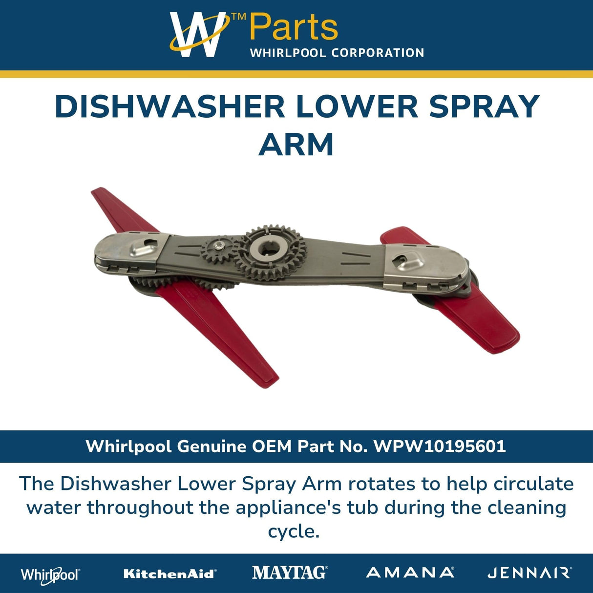 Whirlpool WPW10195601 Genuine OEM Dishwasher Lower Spray Arm Replacement Part - Replaces W10195601