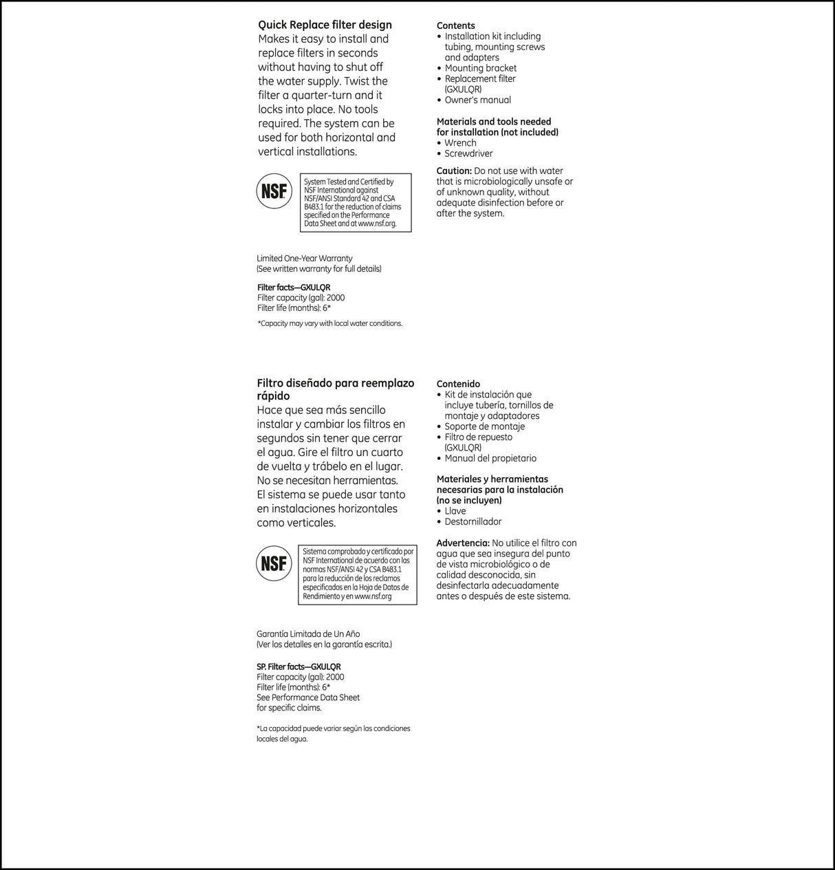 GE GXULQ Under Sink Water Filter System