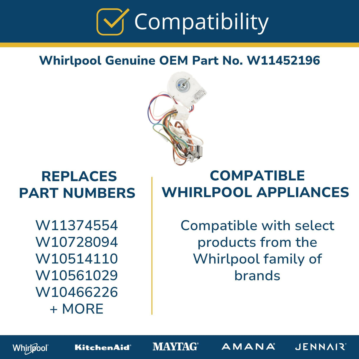 Whirlpool W11452196 Genuine OEM Refrigerator Evaporator Fan Motor