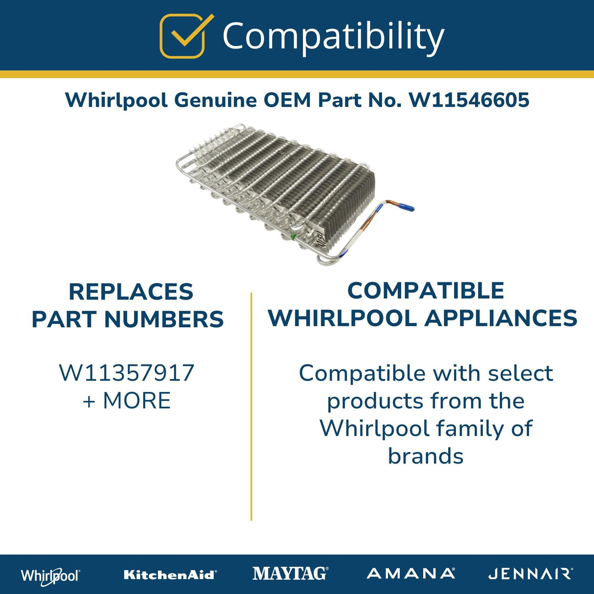 Whirlpool W11546605 Genuine OEM Refrigerator Evaporator Replacement Part - Replaces W11357917