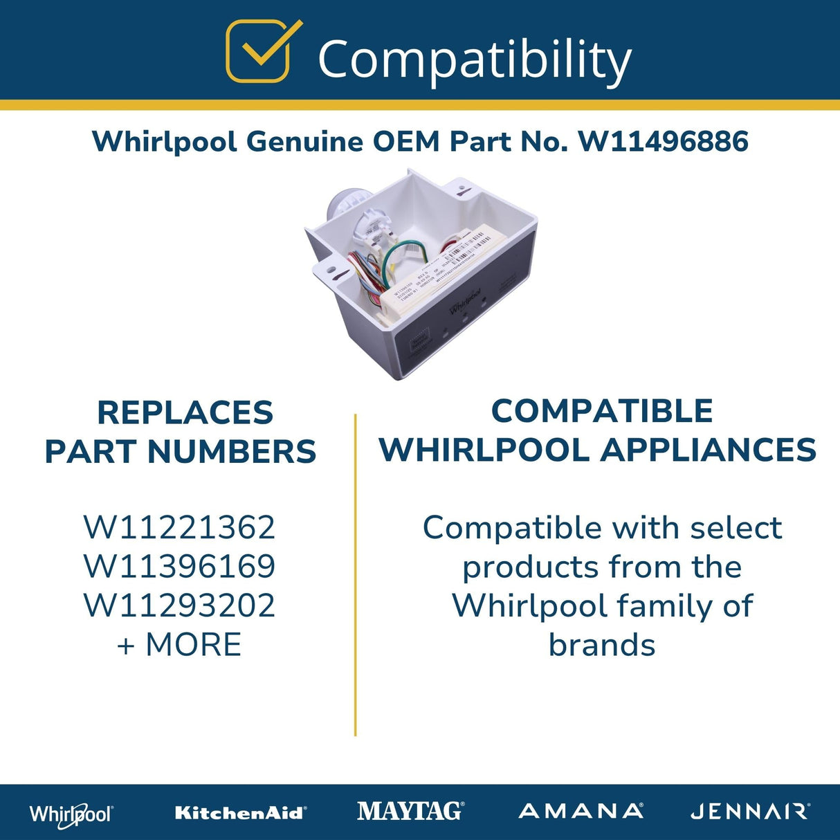 Whirlpool W11496886 Genuine OEM Freezer User Control and Display Board Replacement Part - Replaces W11221362, W11396169, and W11293202