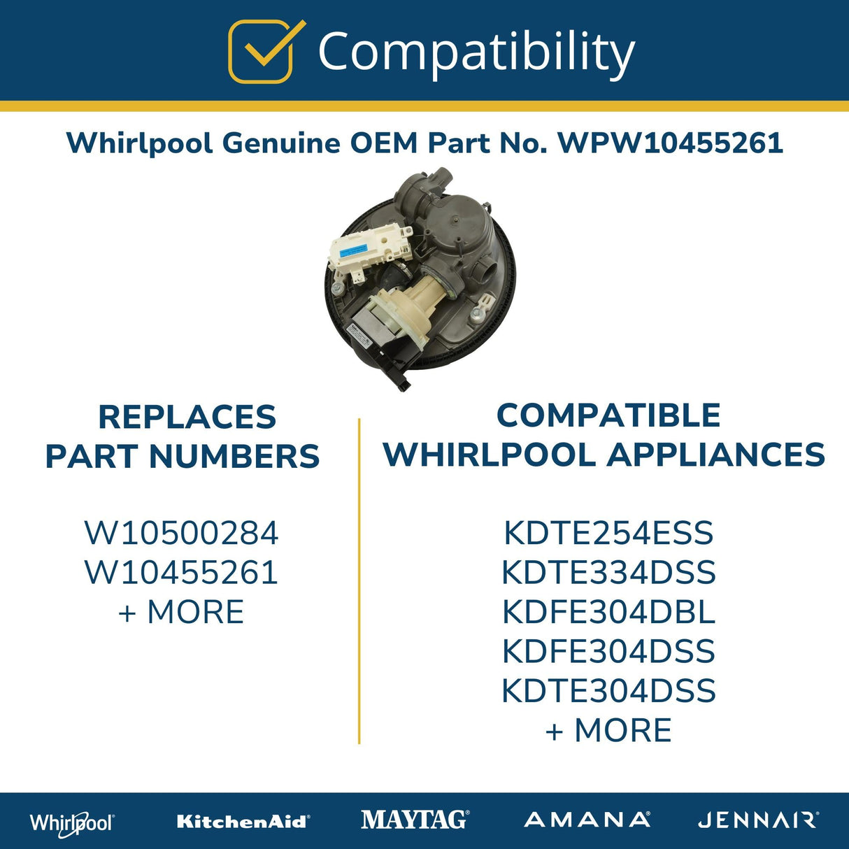 Whirlpool WPW10455261 Genuine OEM Dishwasher Pump and Motor Assembly