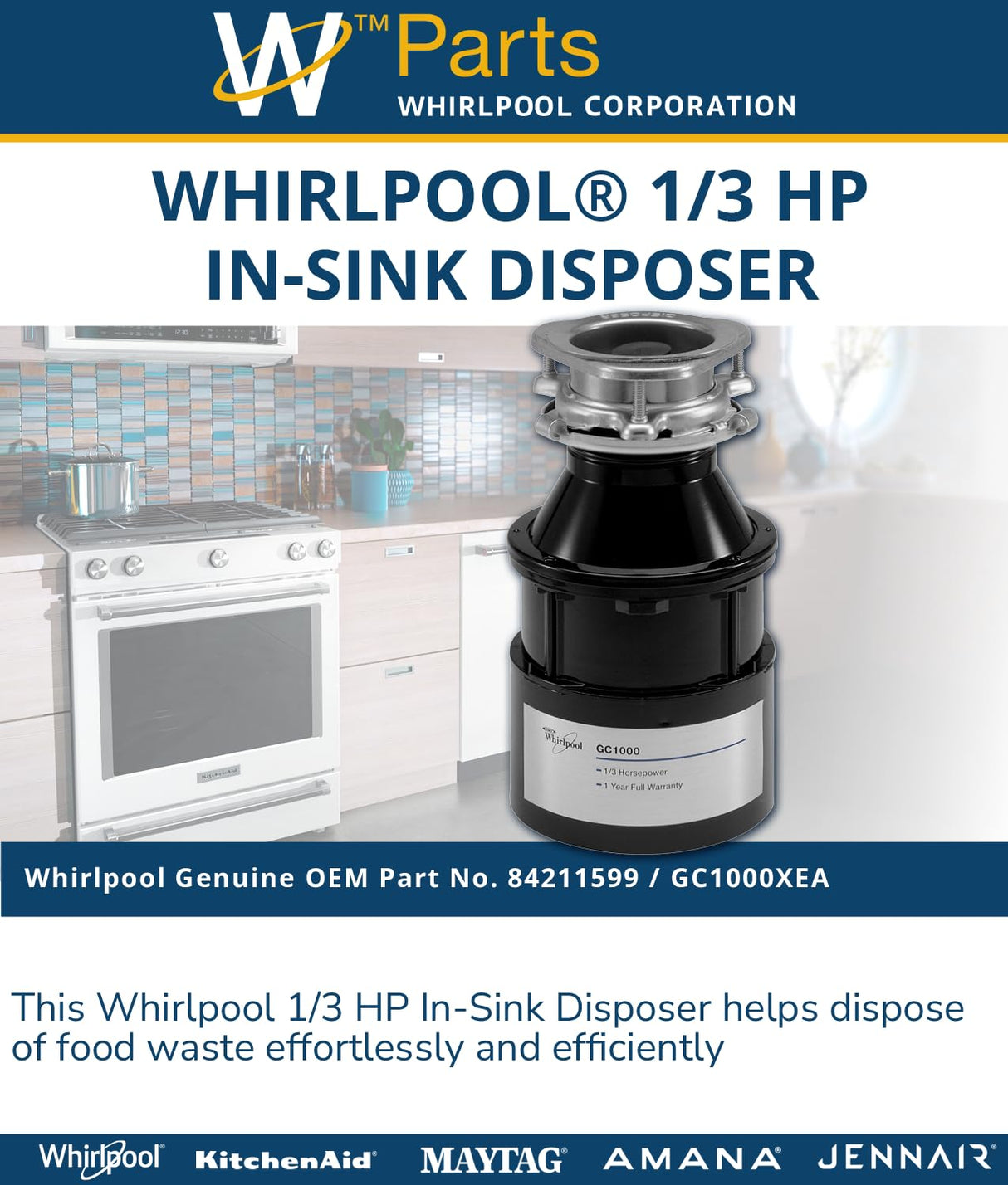 Whirlpool 84211599 1/3 HP in-Sink Food Disposer, Black