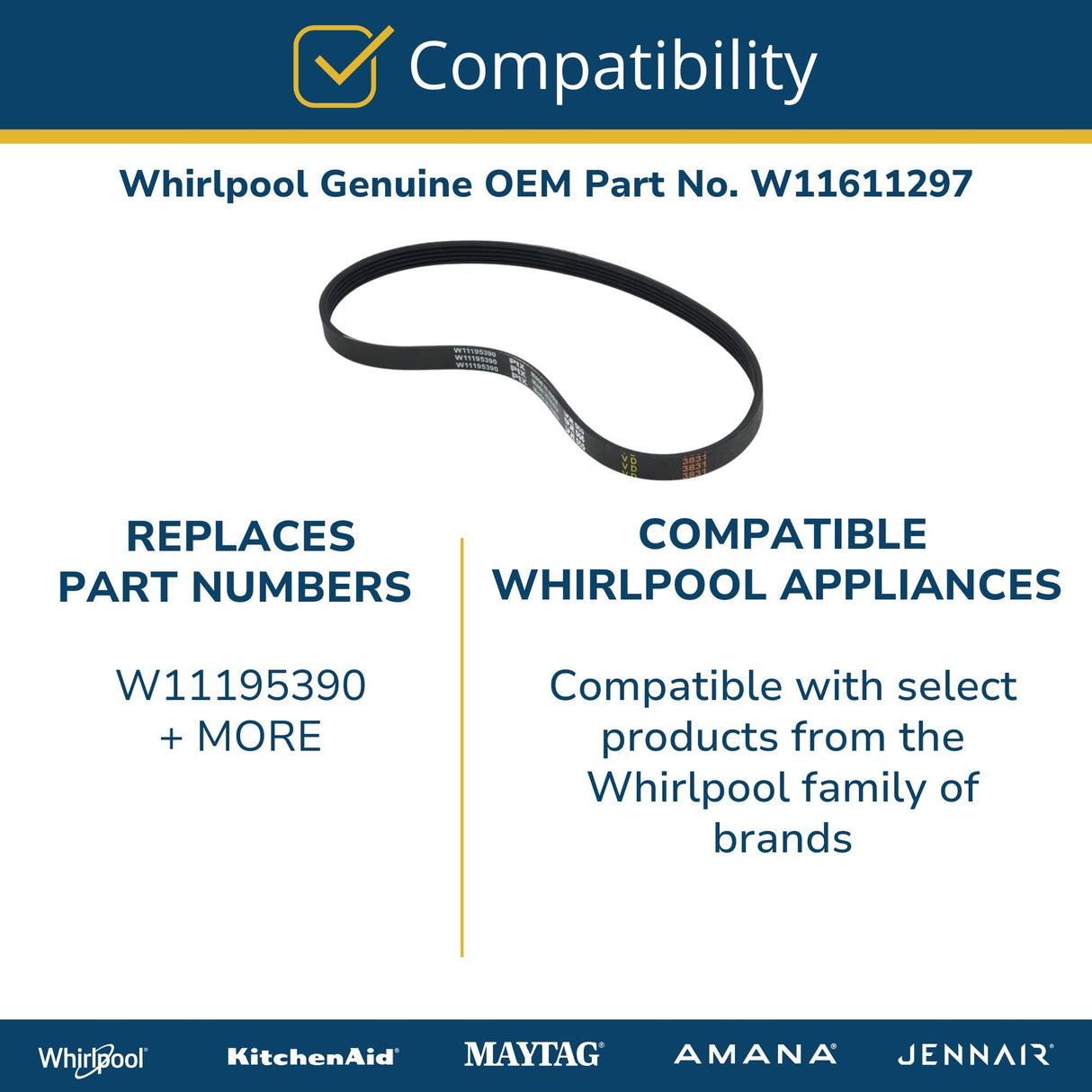 Whirlpool W11611297 OEM Washer Drive Belt, Black
