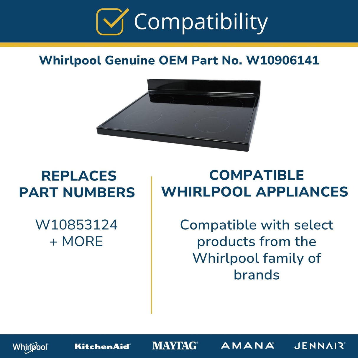 Whirlpool W10906141 Genuine OEM Range Main Glass Cooktop Replacement Part - Replaces W10853124