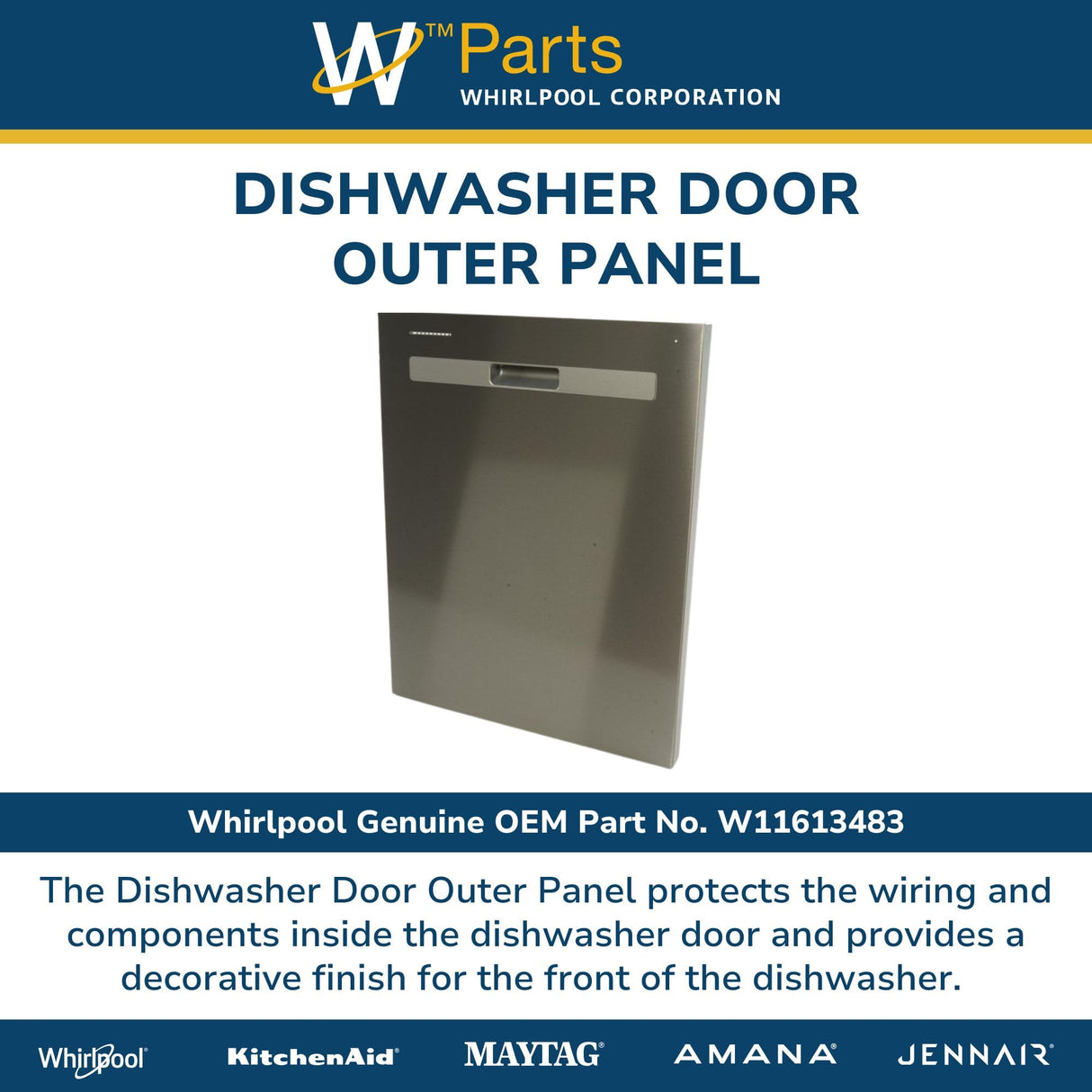 Whirlpool W11613483 Genuine OEM Dishwasher Door Outer Panel