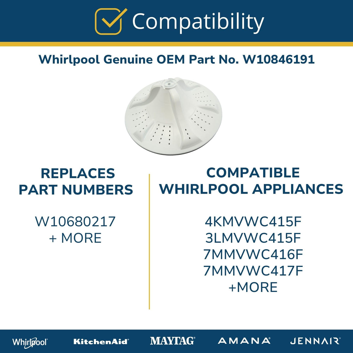 Whirlpool W10846191 Genuine OEM Top Load Washer Washplate Replacement Part - Replaces W10680217