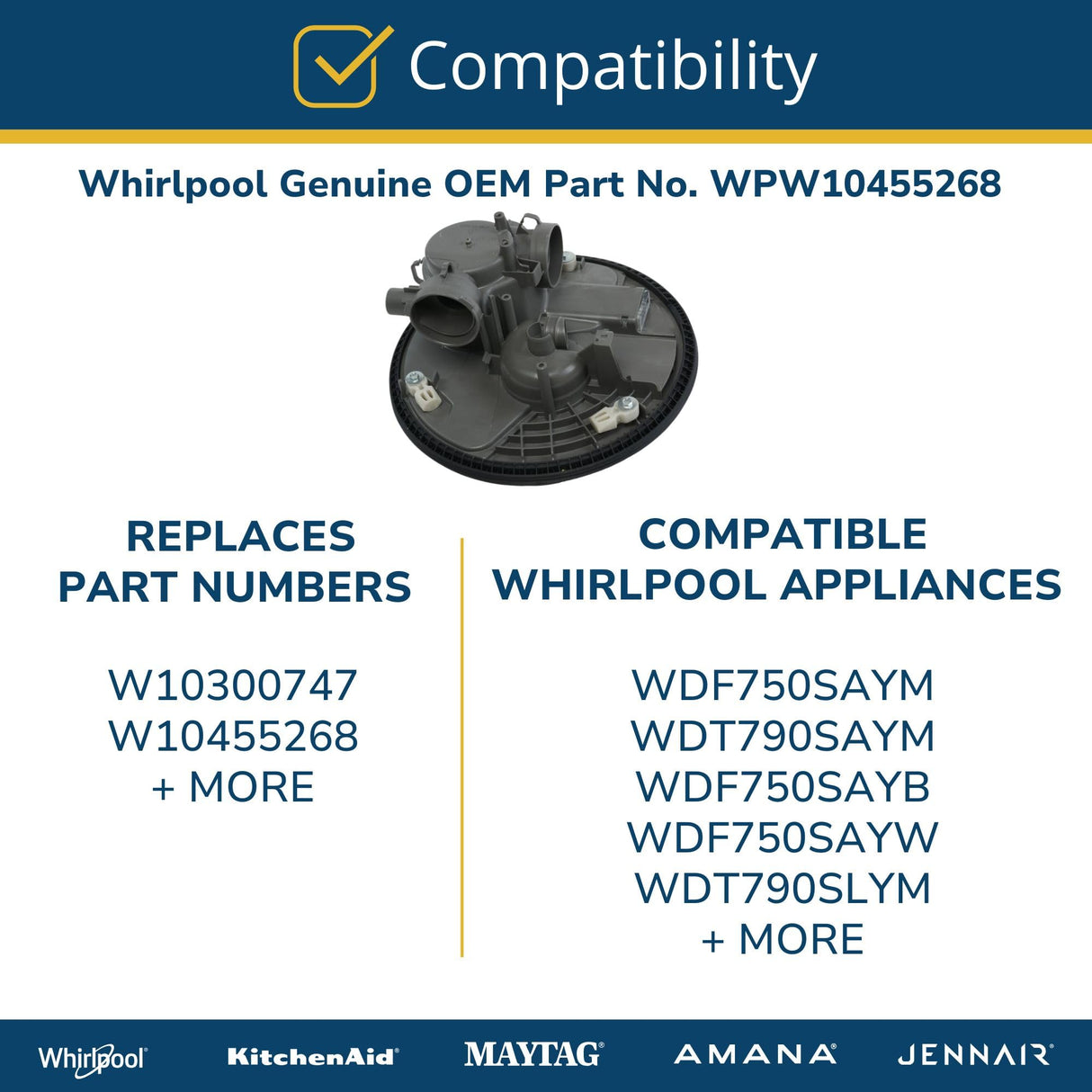 Whirlpool WPW10455268 Genuine OEM Dishwasher Sump and Seal Assembly