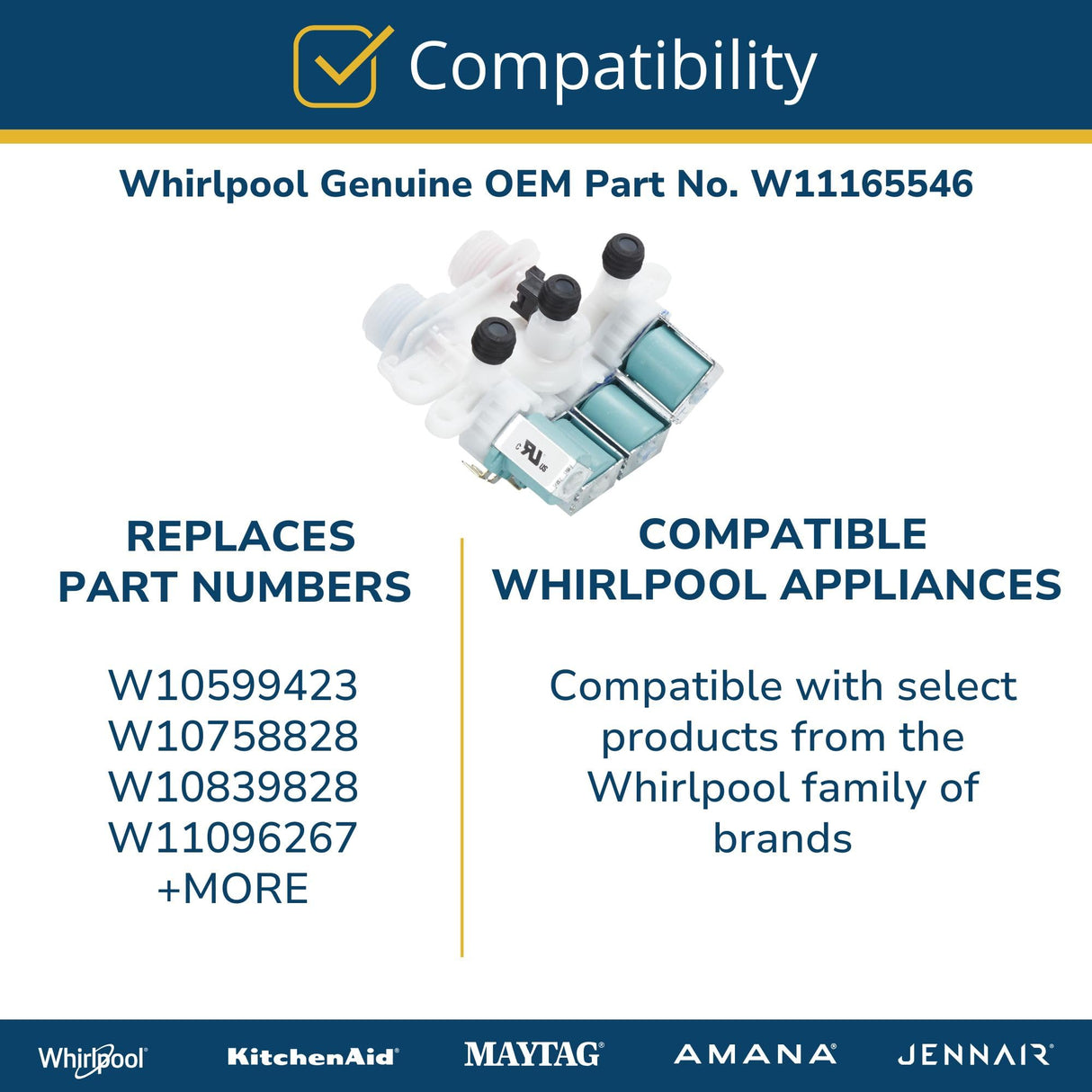 Whirlpool W11165546 Water Inlet Valve, Chrome