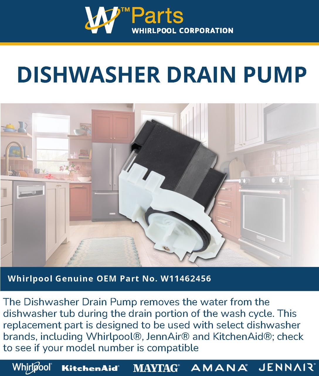 Whirlpool W11462456 Genuine OEM Dishwasher Drain Pump