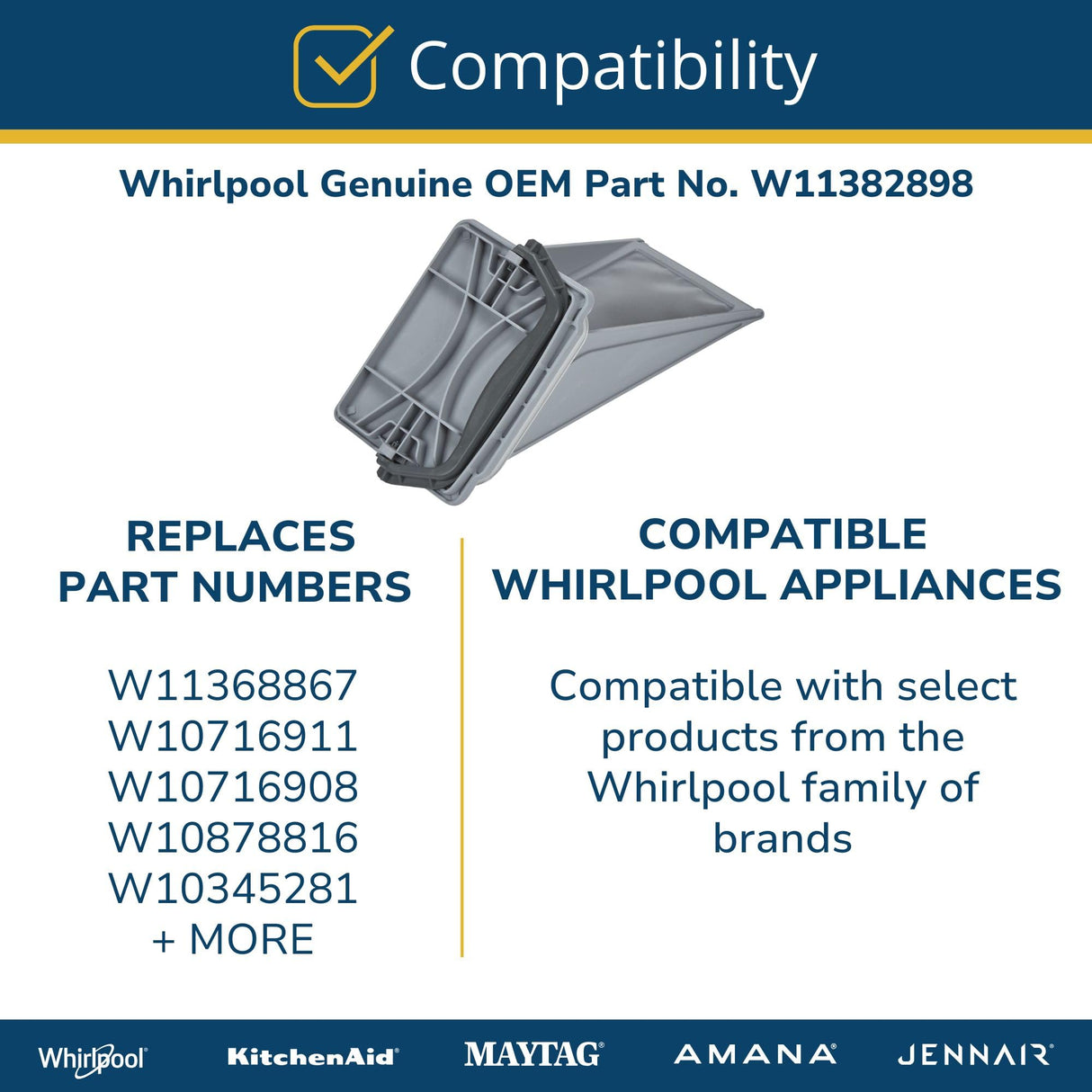 Whirlpool W11382898 Genuine OEM Dryer Lint Filter Replacement Part - Replaces W11368867, W10716911, W10716908, and more