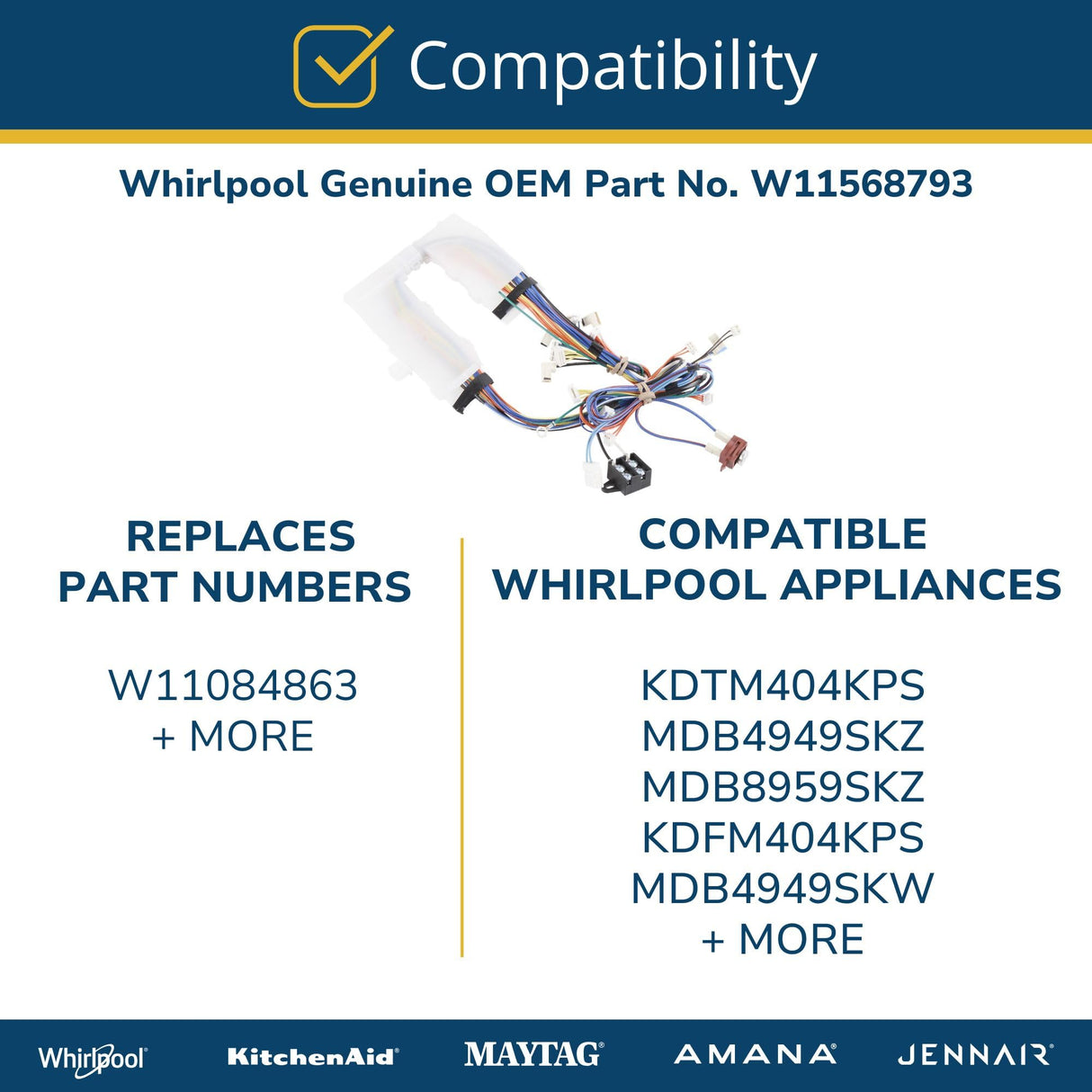 Whirlpool W11568793 Genuine OEM Dishwasher Wire Harness