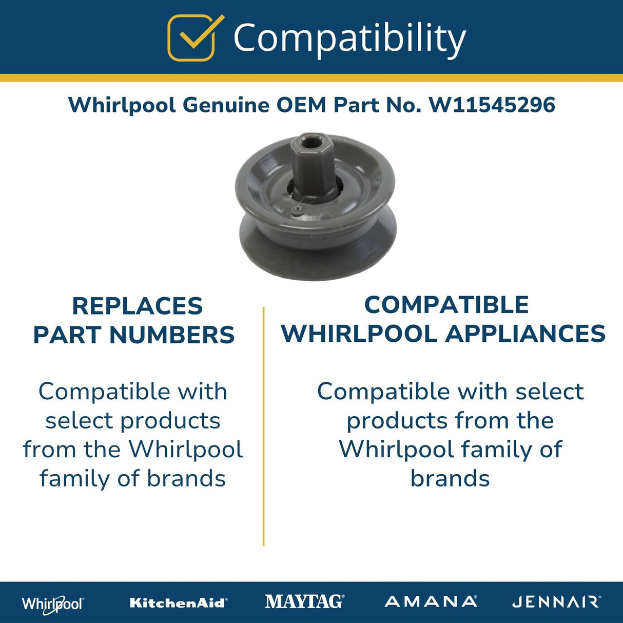Whirlpool W11545296 Genuine OEM Dishwasher Dishrack Roller Replacement Part - Replaces W11048221