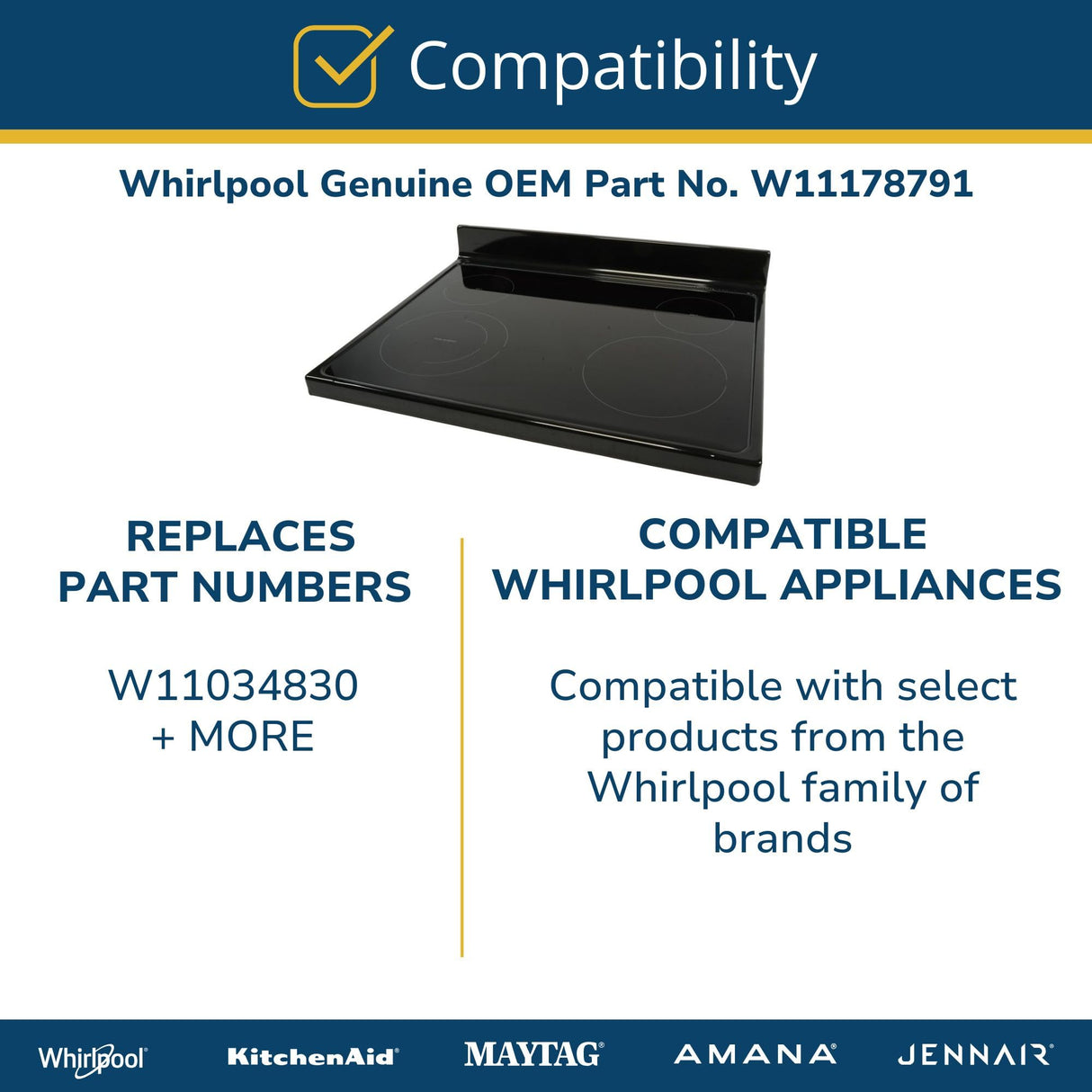 Whirlpool W11178791 OEM Range Main Glass Cooktop, Black
