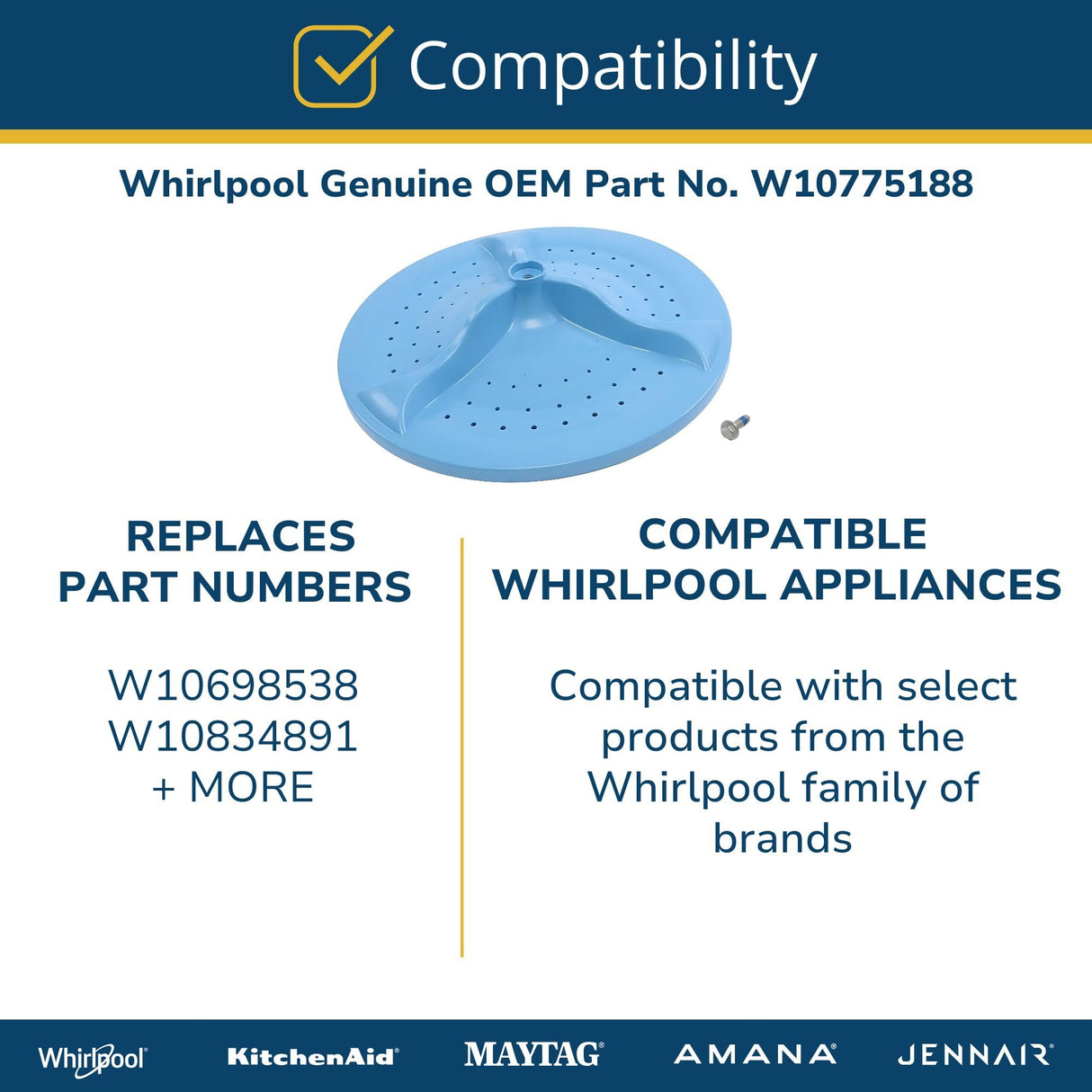 Whirlpool W10775188 Genuine OEM Washer Washplate