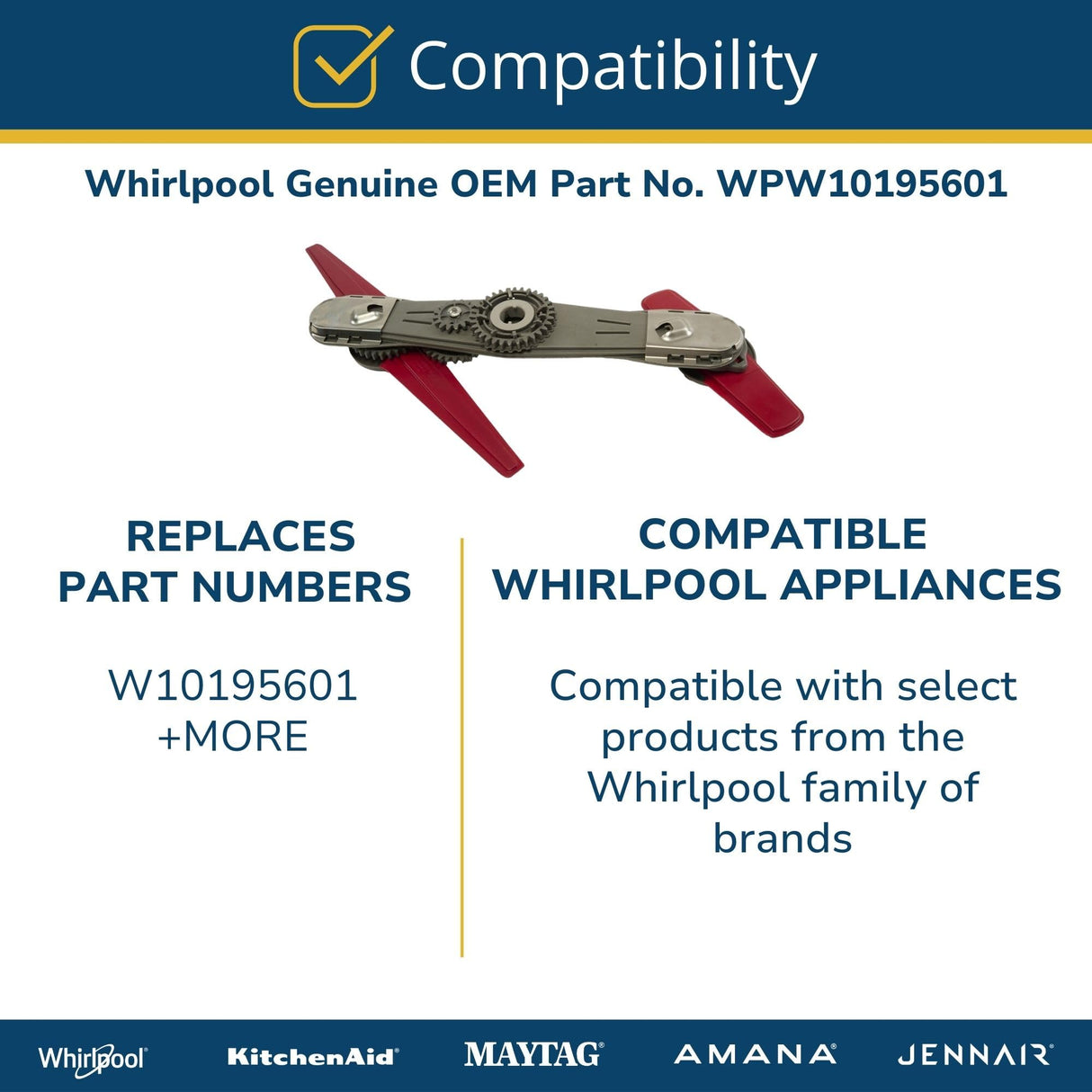 Whirlpool WPW10195601 Genuine OEM Dishwasher Lower Spray Arm Replacement Part - Replaces W10195601